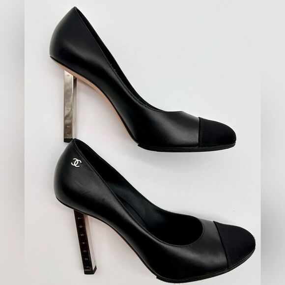 Chanel Collection Black Leather Satin Cap Toe Metal Ruler Heels Pumps EU37.5 US7 - Picture 4 of 12